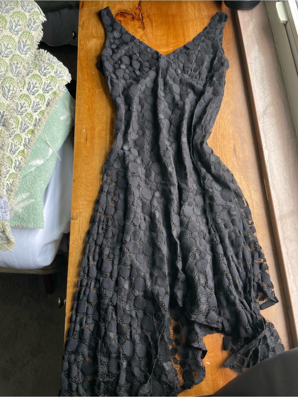 Stunning Y2K Whimsy Goth Wednesday Adams Black Lace Dot Midi Dress V-Neck V-Back